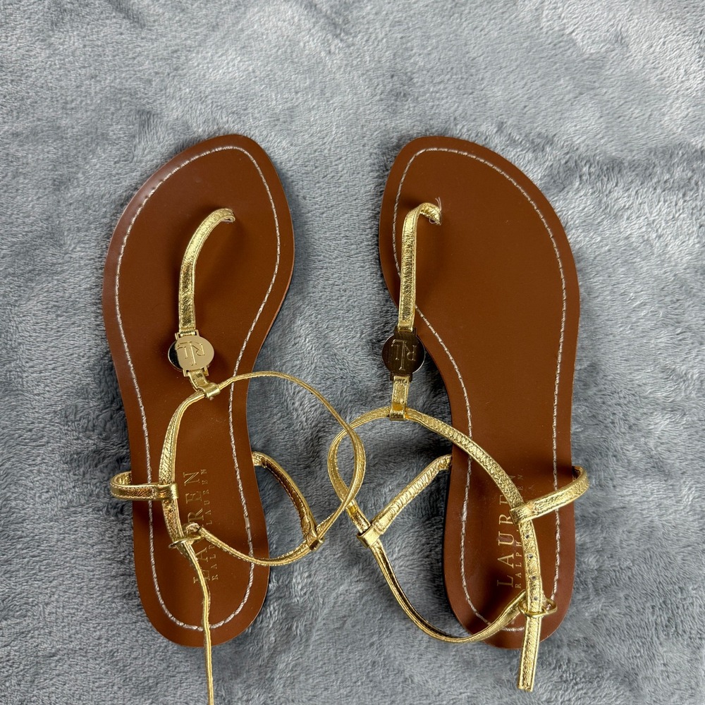 Lauren Ralph Lauren Gold Metallic Leather Thong Sandals LRL Logo Size 7B